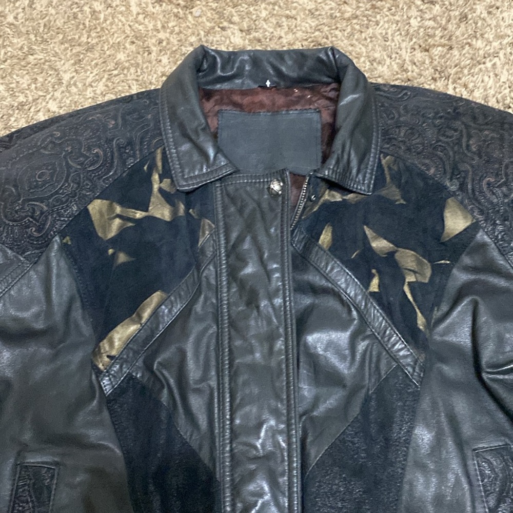 Vintage Nevada Blue Black Cut Design Pattern Leather Jacket Size L - Picture 3 of 12